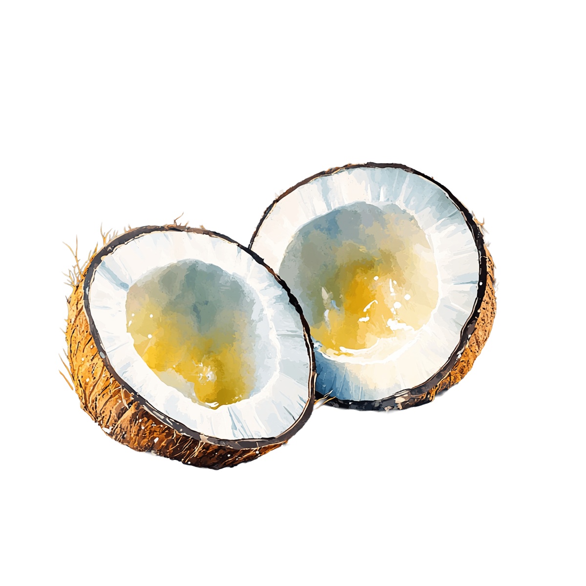 Halved coconut showing brown shell and white flesh inside.