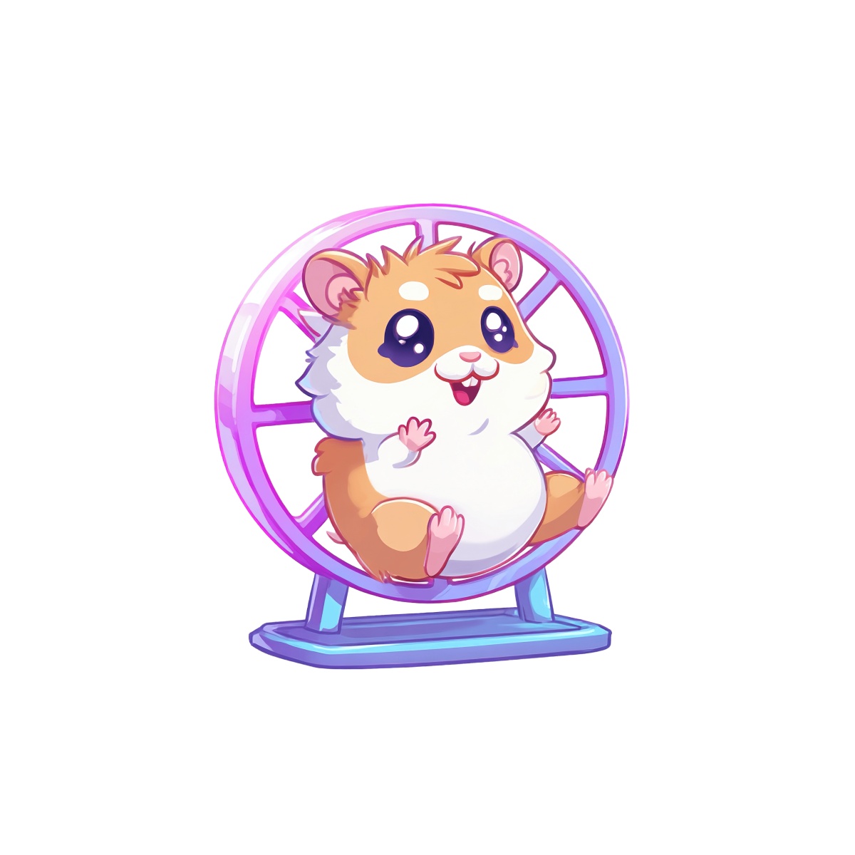 Cartoon hamster running inside a purple exercise wheel.