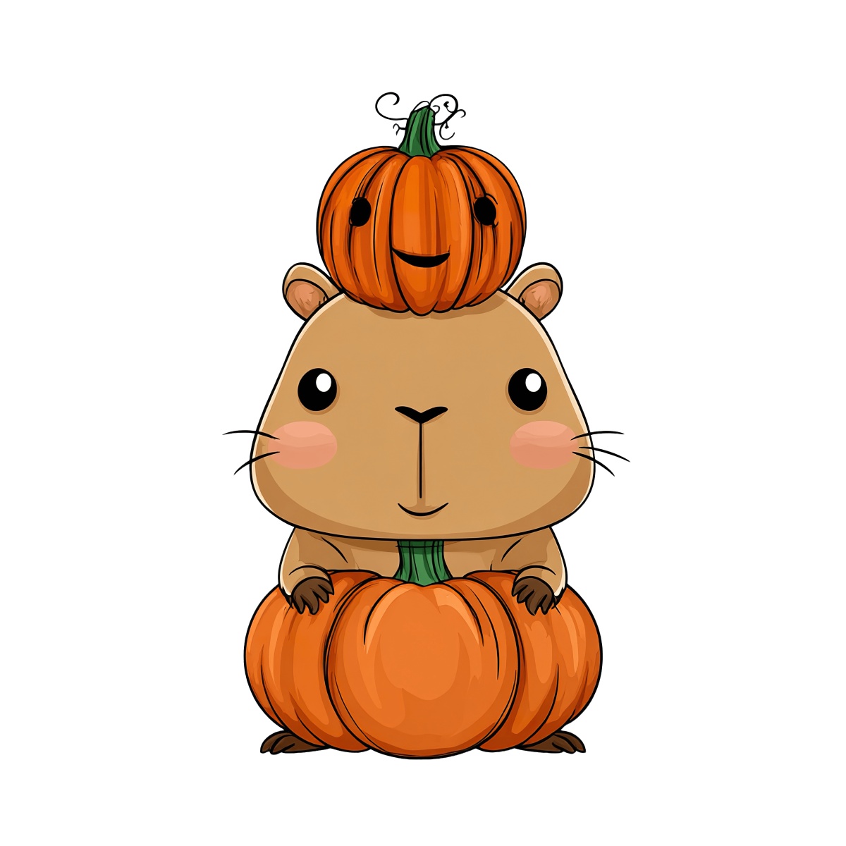 Hamster with pumpkins, one on its head and one in front, transparent background.
