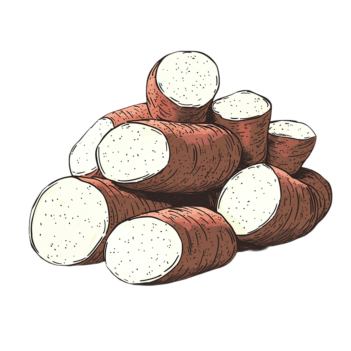 Hand-drawn cassava roots showing detailed texture and cross-section.