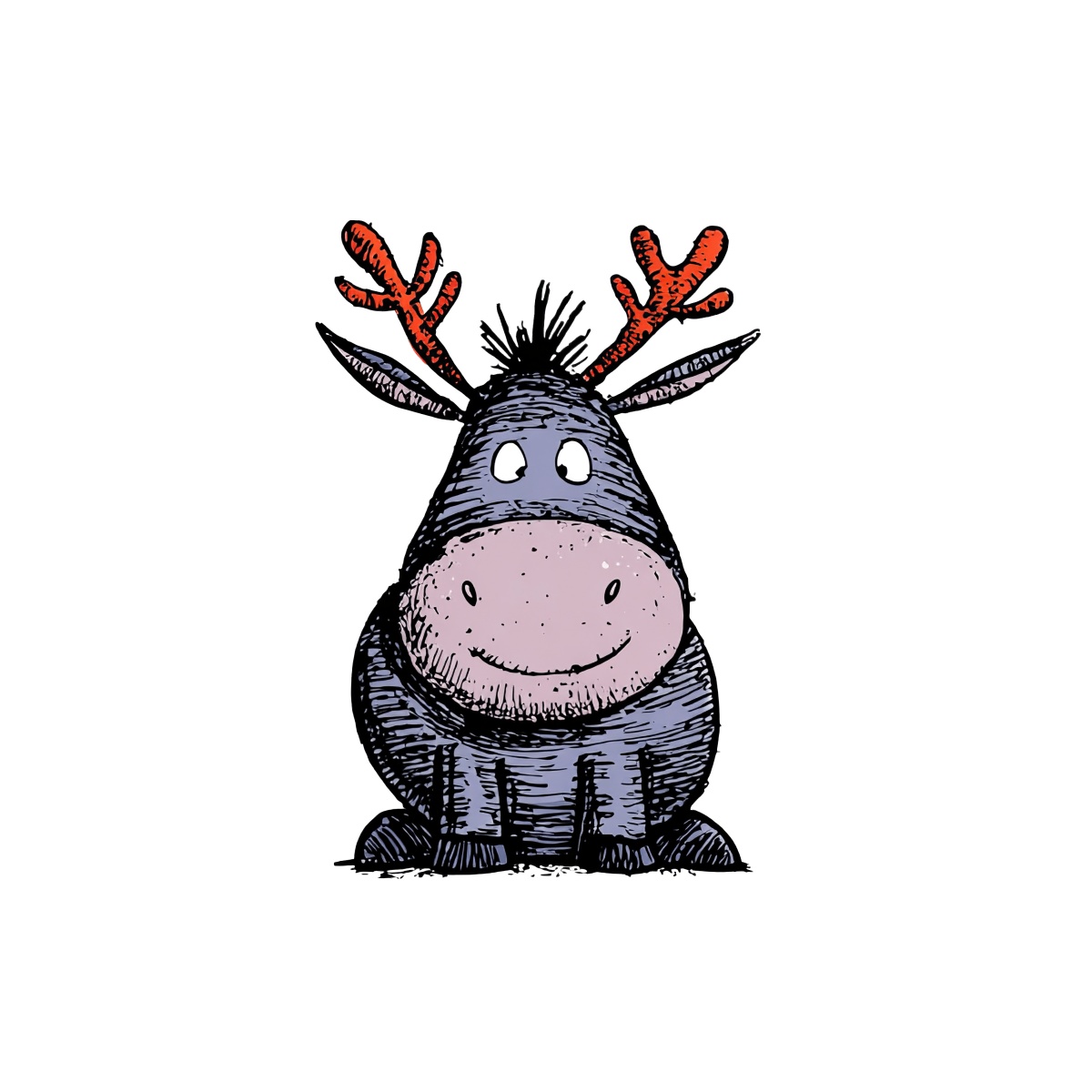 Cartoon moose with red antlers in a hand-drawn style.