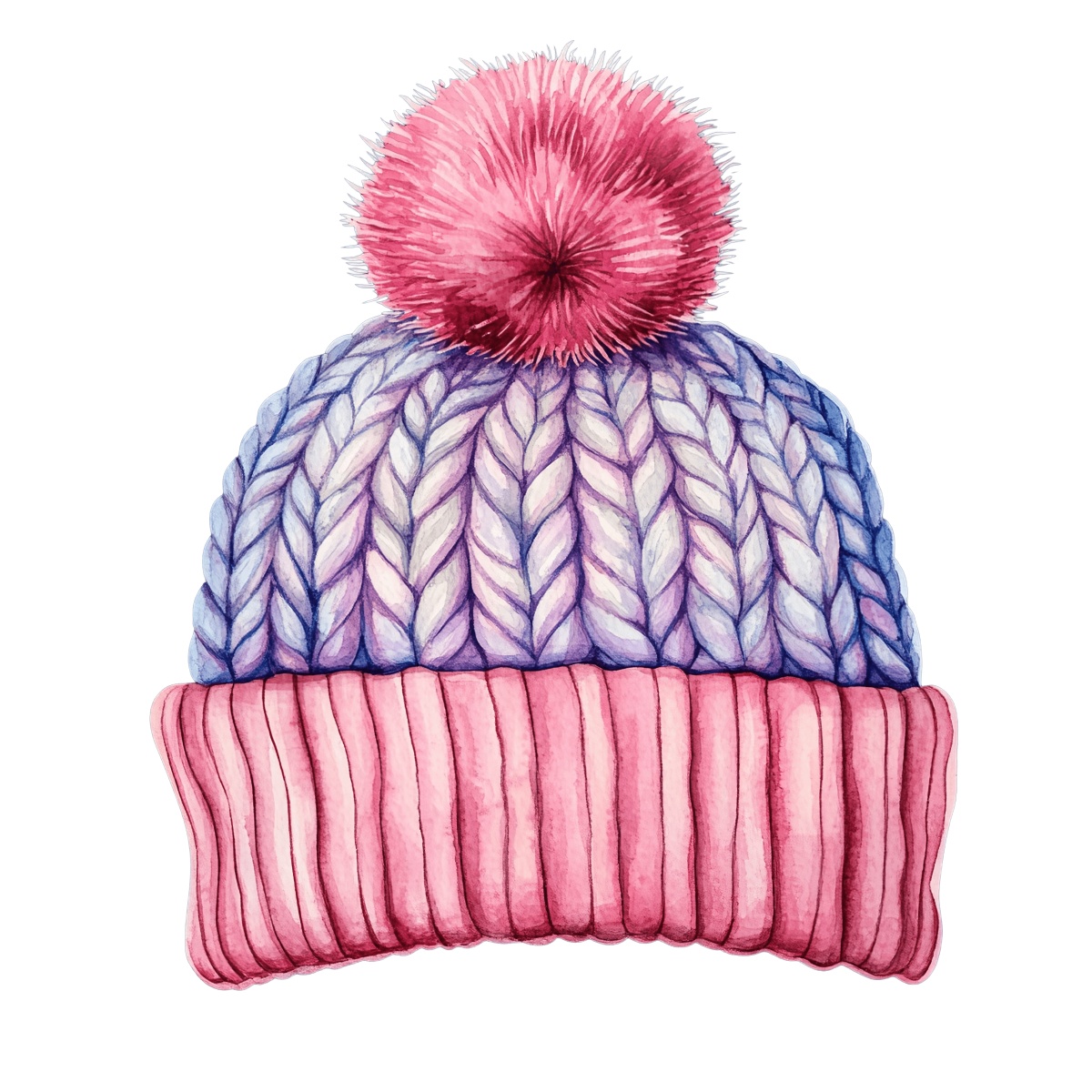 Hand-drawn pink and purple beanie hat with a pom pom on top.
