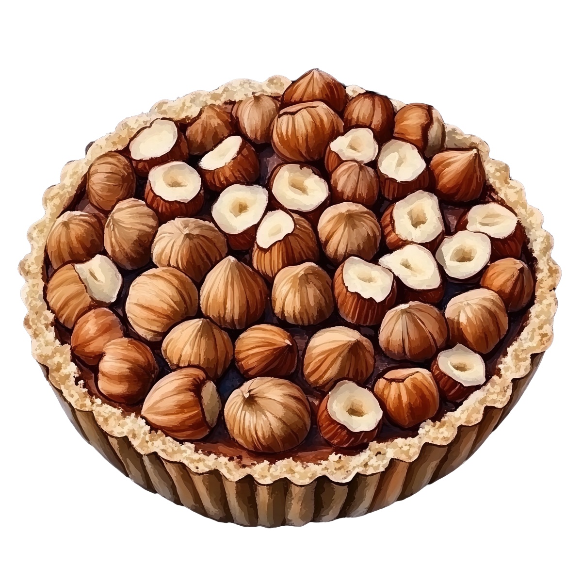 Hazelnut tart with chocolate filling and pastry crust, topped with nuts.