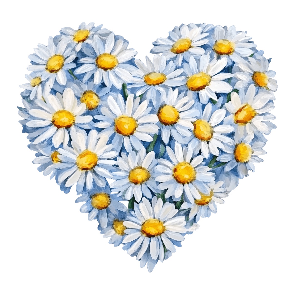 Heart-shaped formation of white daisies with yellow centers on a black background.