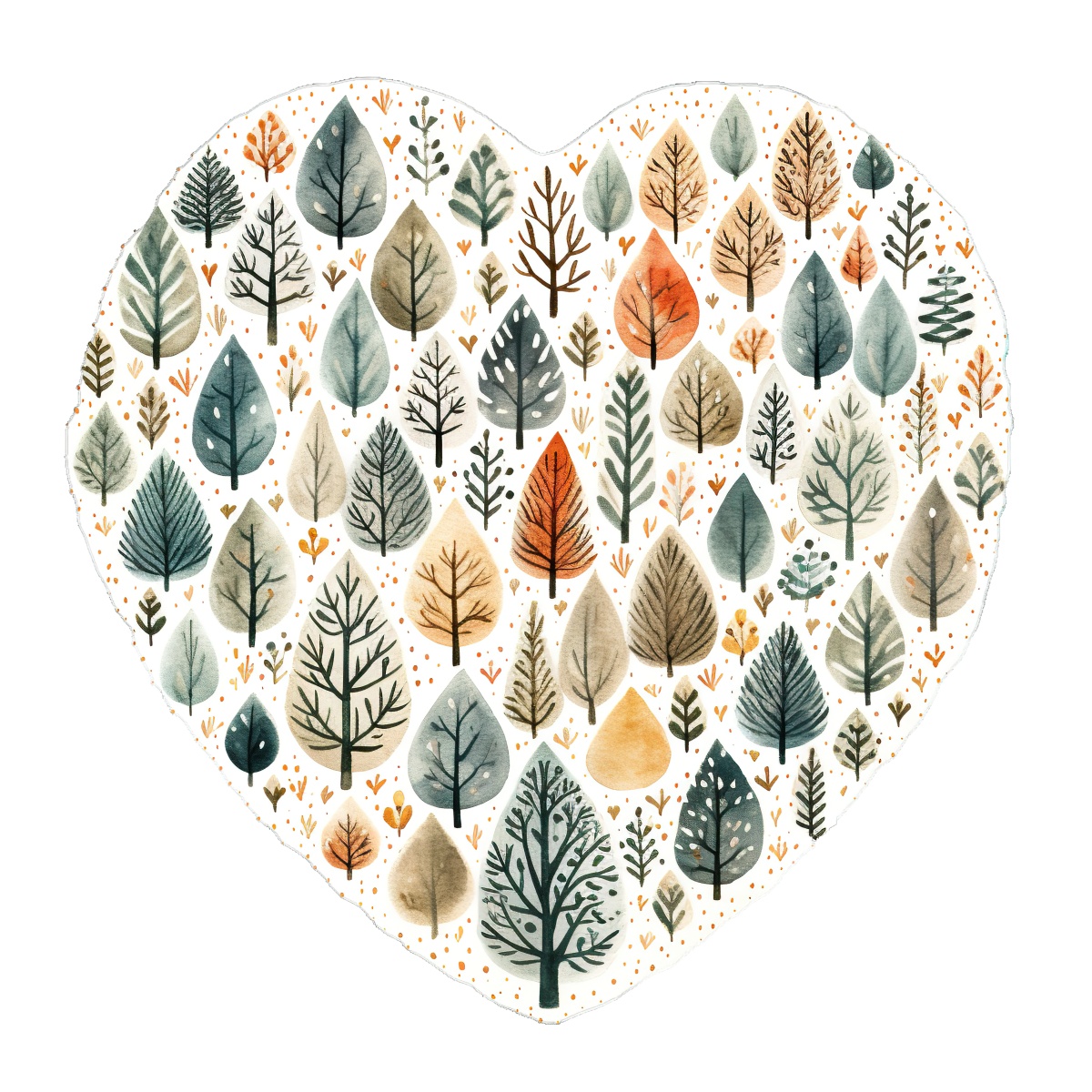 Heart shape filled with diverse watercolor leaves and tree designs.