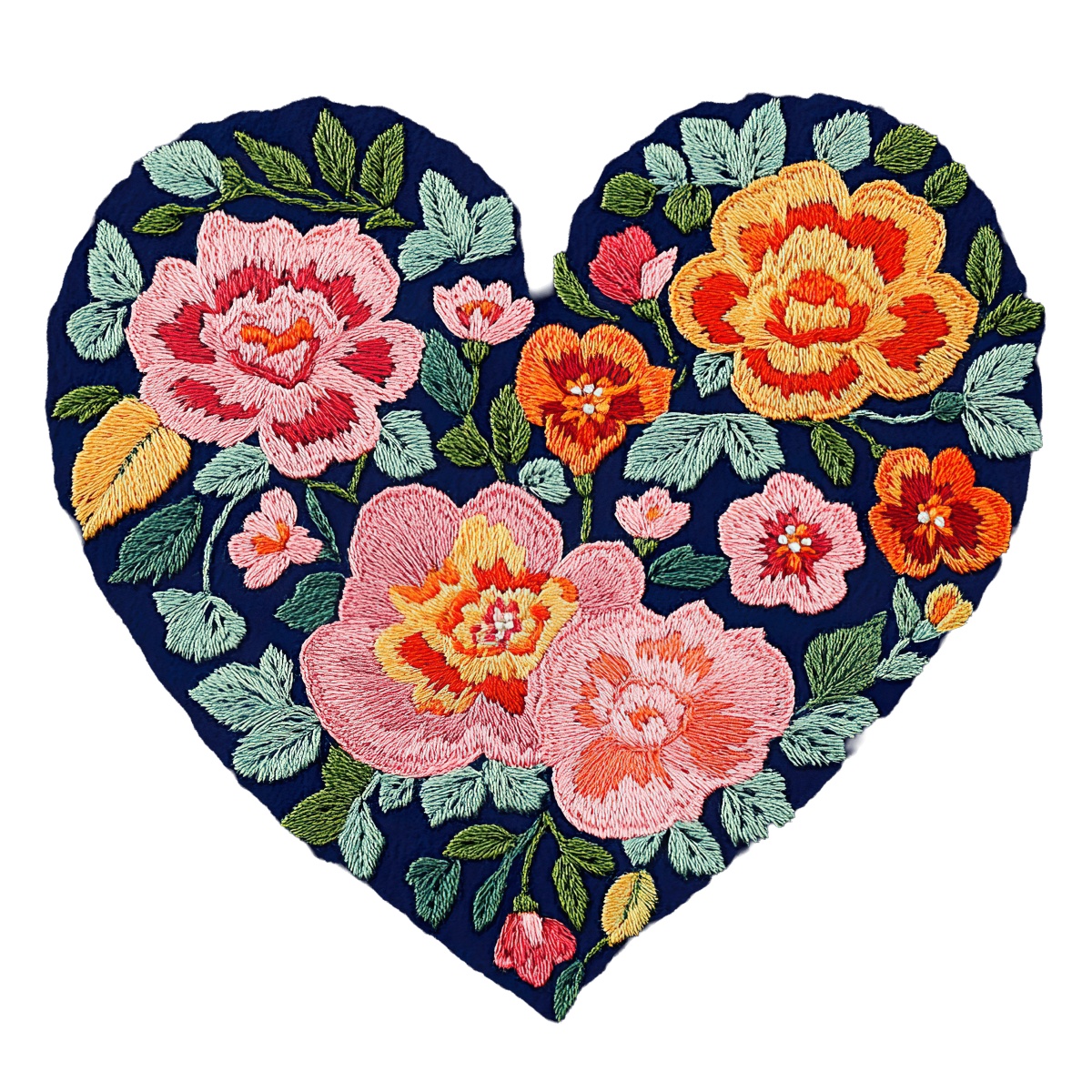 Heart-shaped embroidery featuring pink and orange flowers with green leaves.