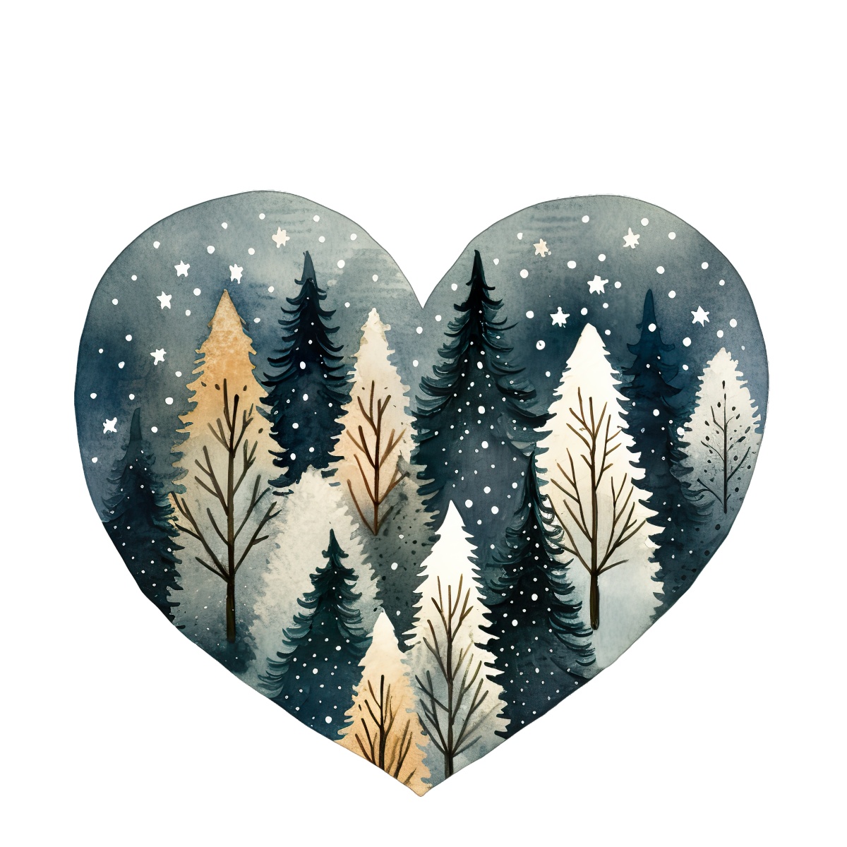 Heart-shaped illustration of snowy trees under a starry sky in watercolor style.