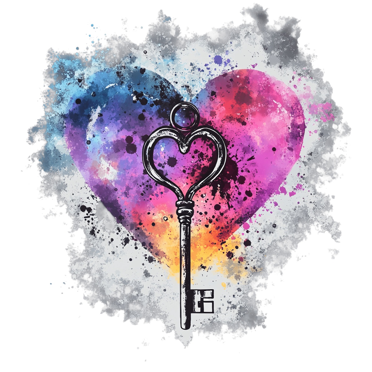 Heart-shaped key with colorful paint splashes in the background.