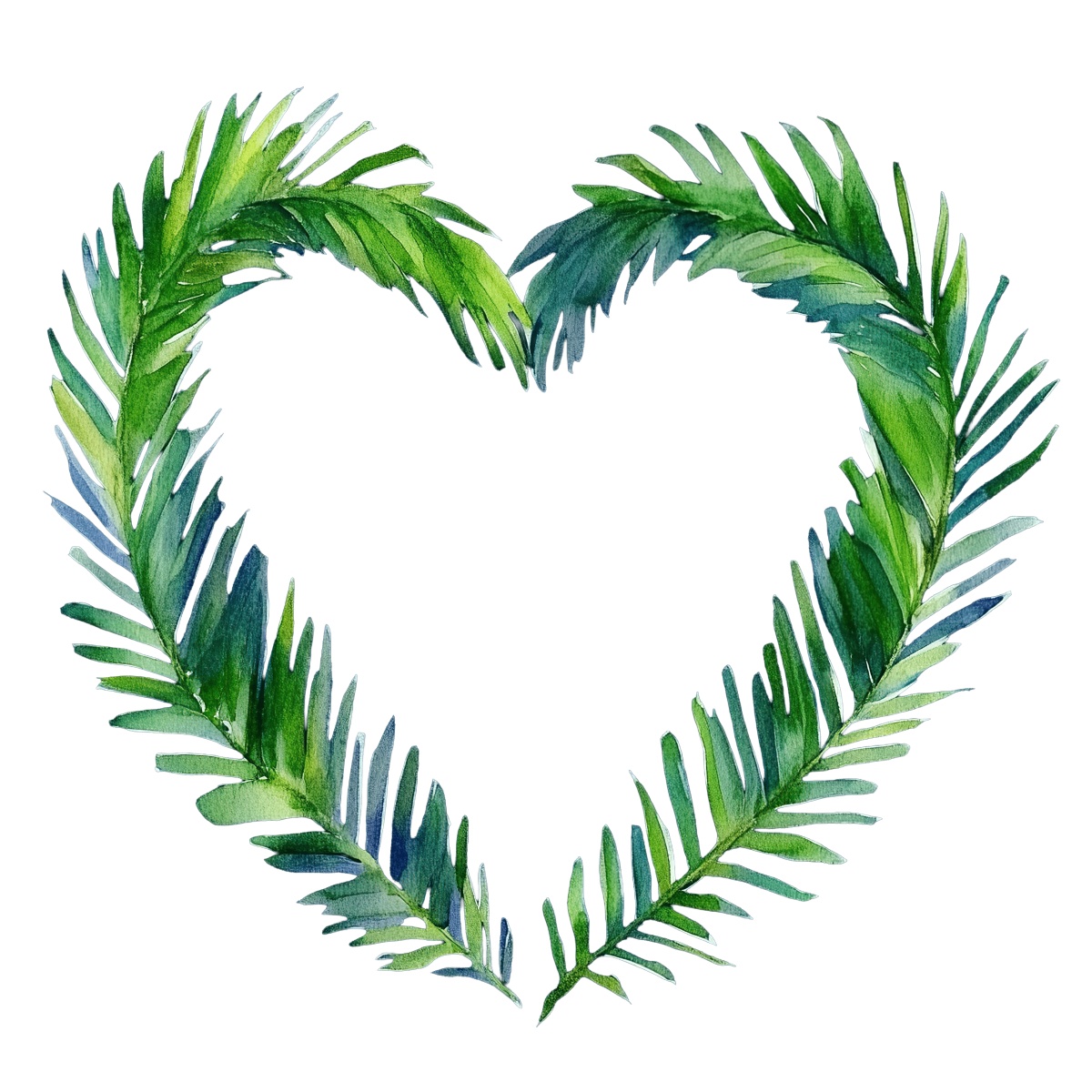 Heart-shaped arrangement of green palm leaves.