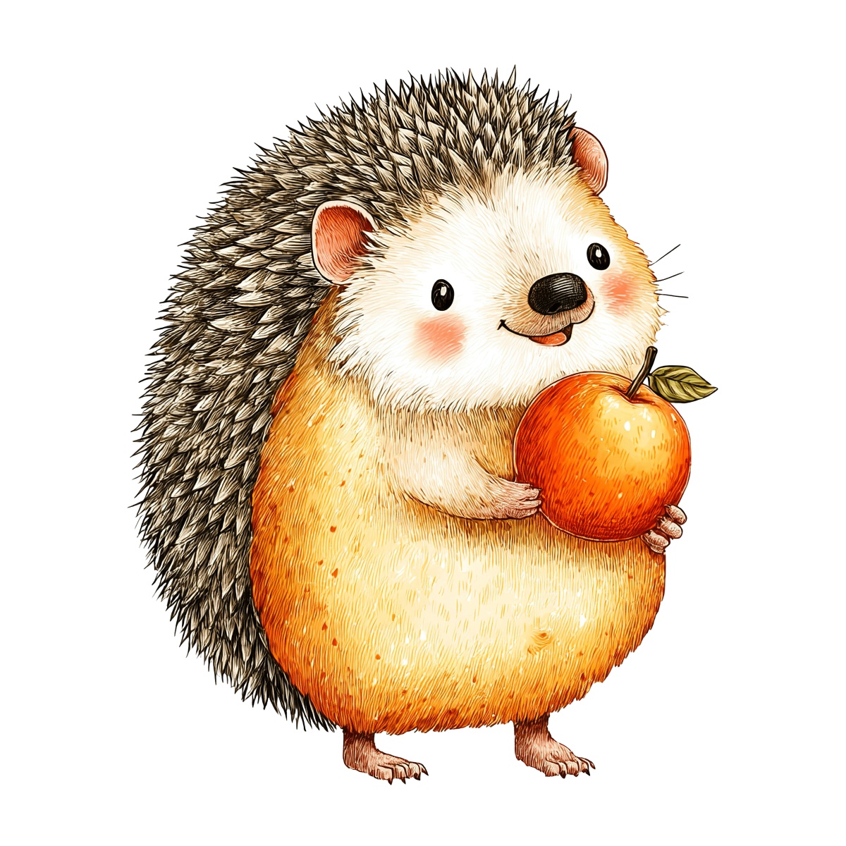 Hedgehog standing and holding an apple in a clipart style.