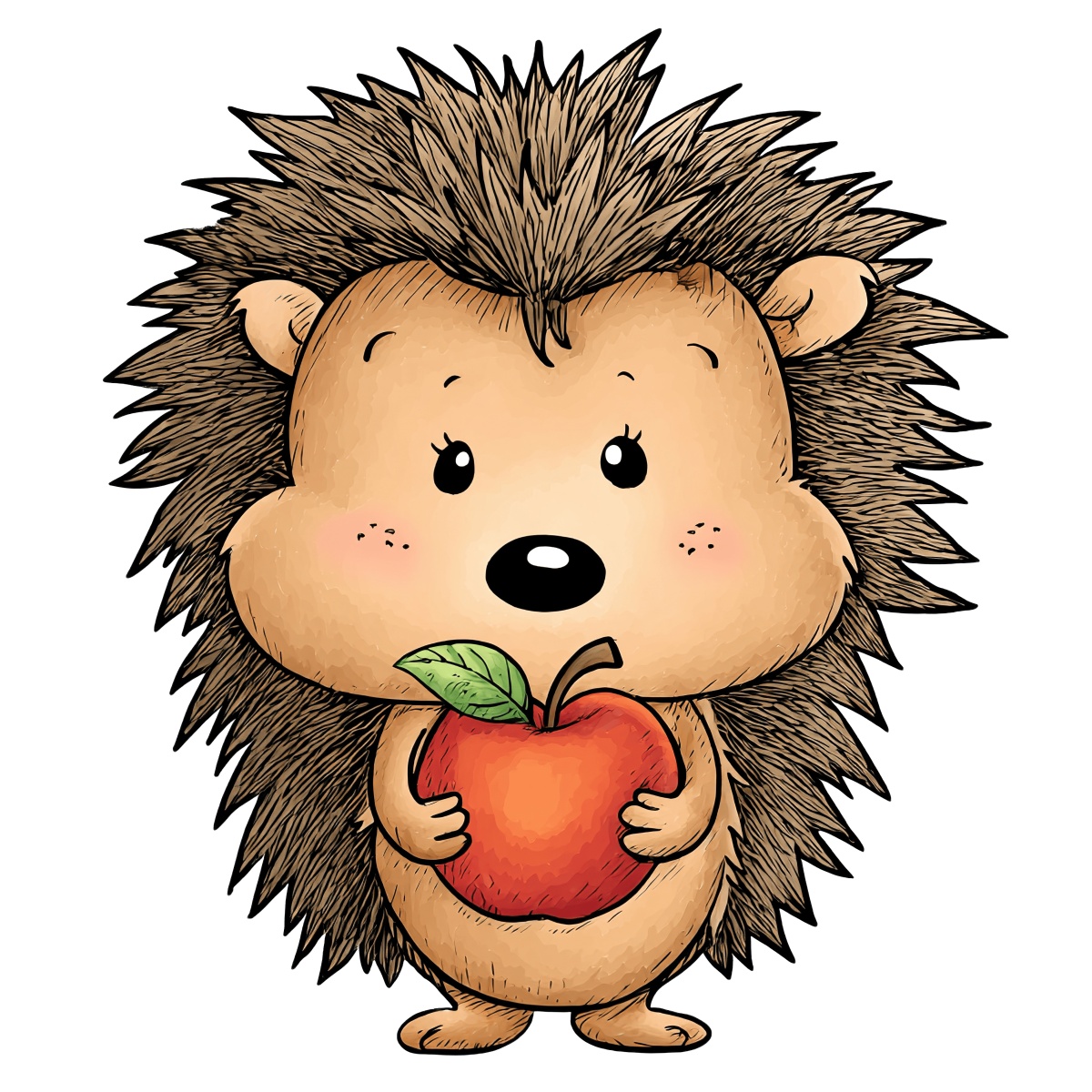 Cartoon hedgehog holding an apple with green leaf.