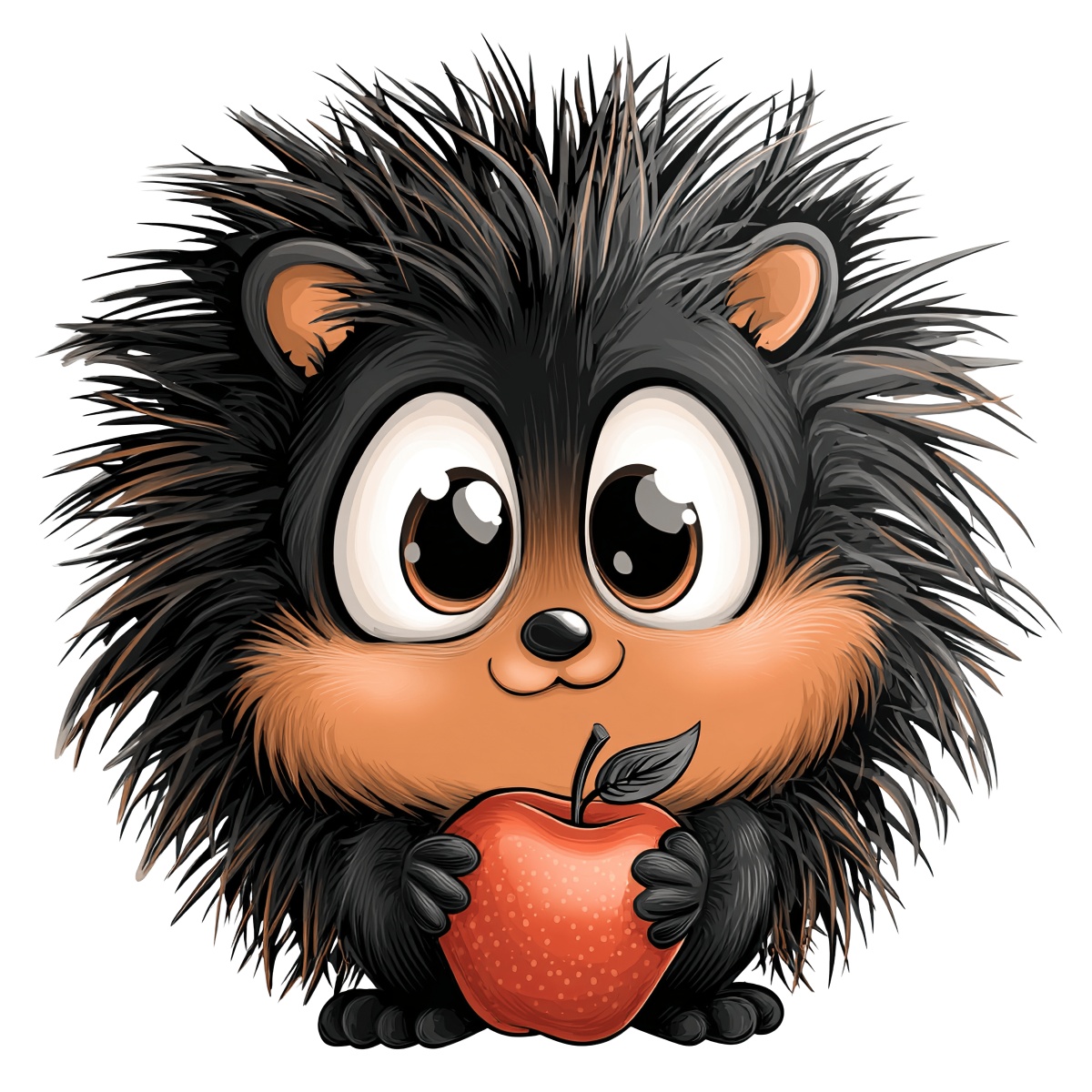 Cartoon hedgehog holding a red apple in vector art style.