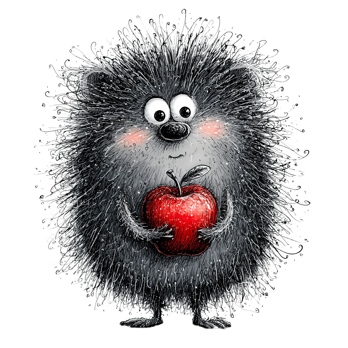 A hedgehog with spiky gray fur holding a red apple.