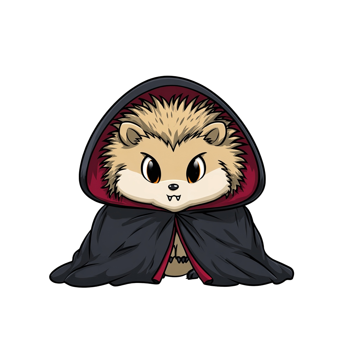 Cartoon hedgehog wearing a black cloak with red lining.