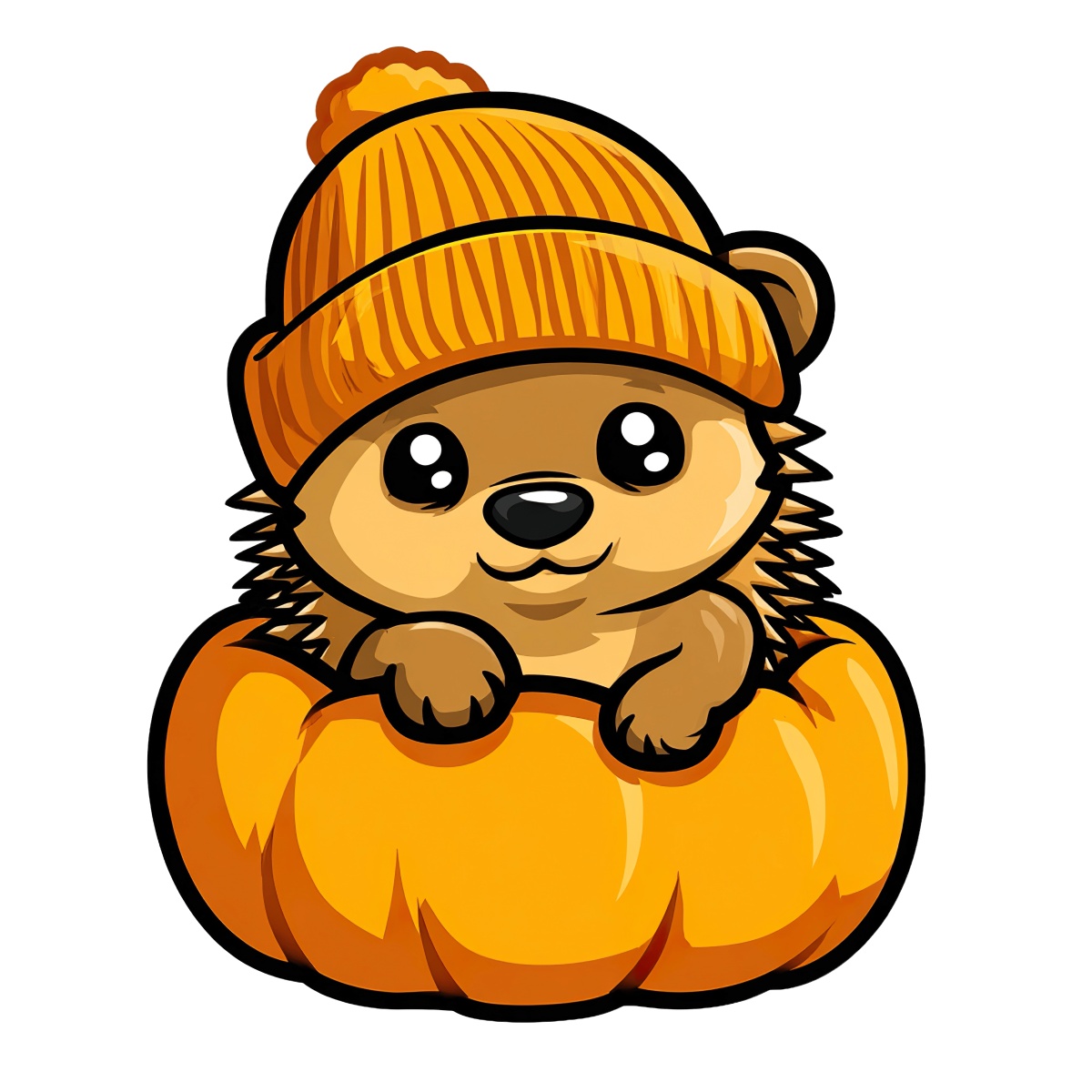 Cartoon hedgehog inside pumpkin, wearing an orange hat.