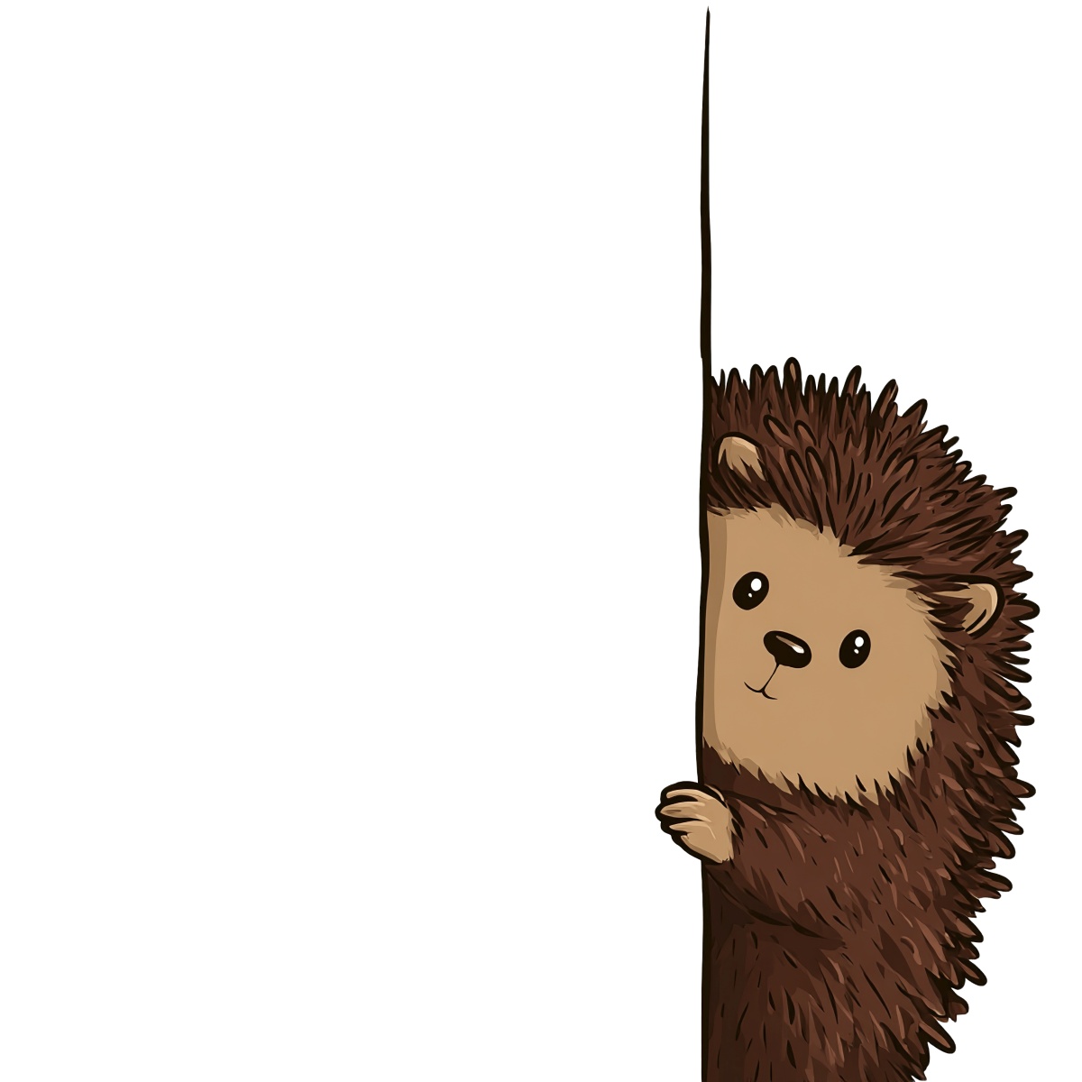 Cartoon hedgehog looking from behind a vertical object.