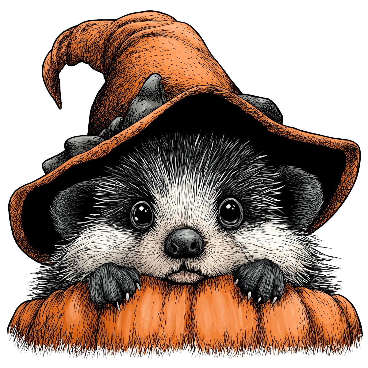 Hedgehog with witch hat on pumpkin illustration with orange and black.