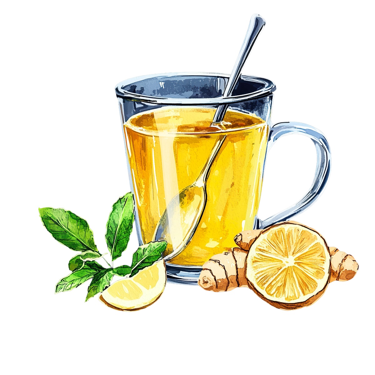 Herbal tea in a glass cup with lemon, ginger, and mint leaves.