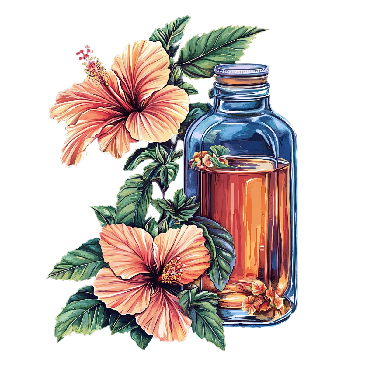 Hibiscus flowers and leaves with a glass bottle containing herbal oil.