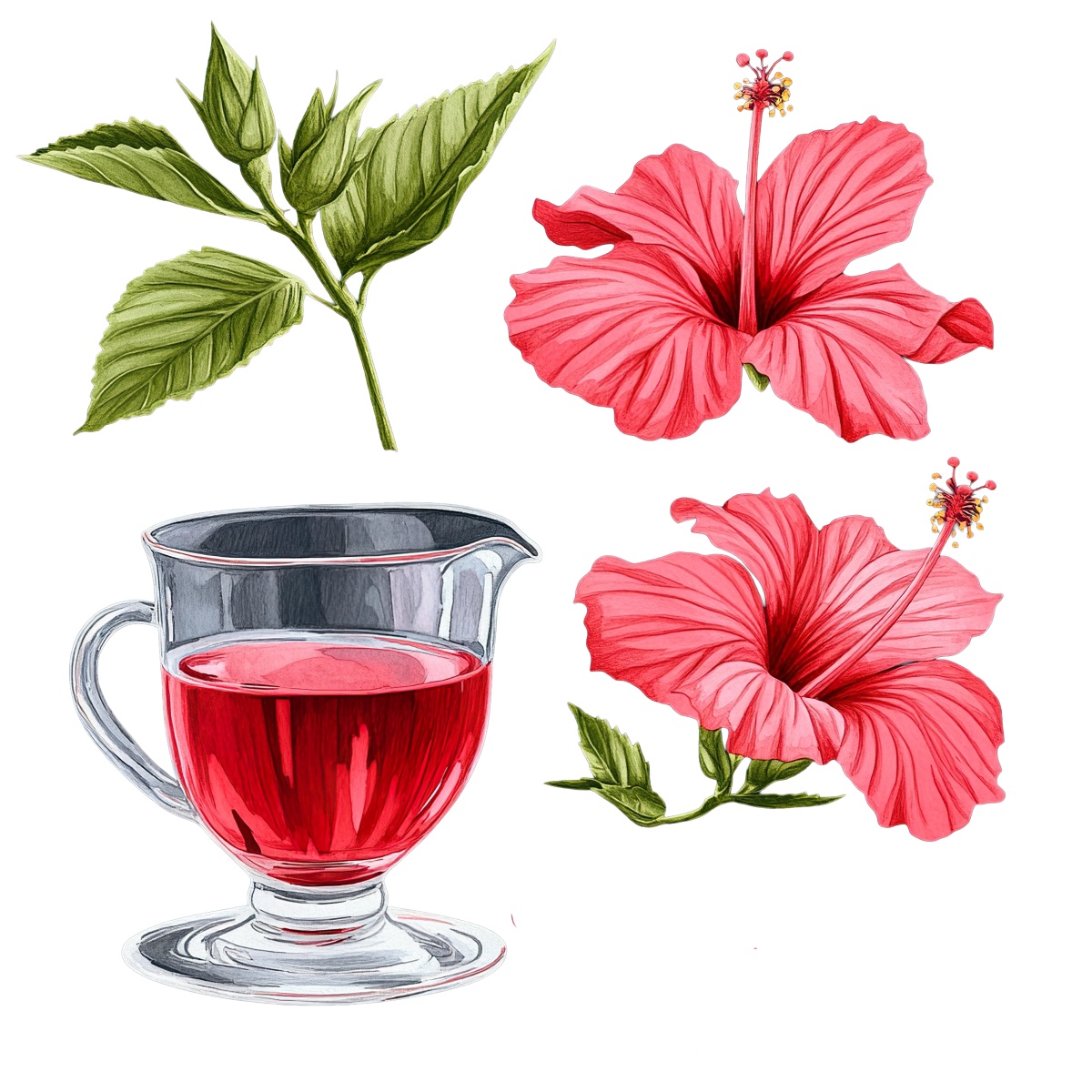 Glass of hibiscus tea with red flowers and green leaves.