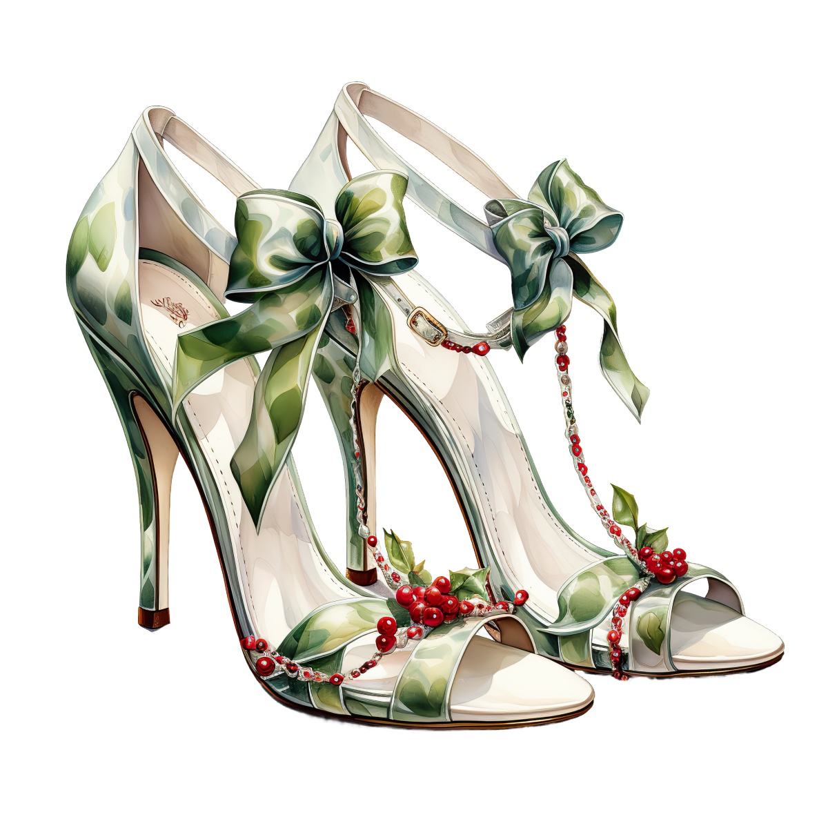 High-heeled shoes featuring green bows and red berry decorations.