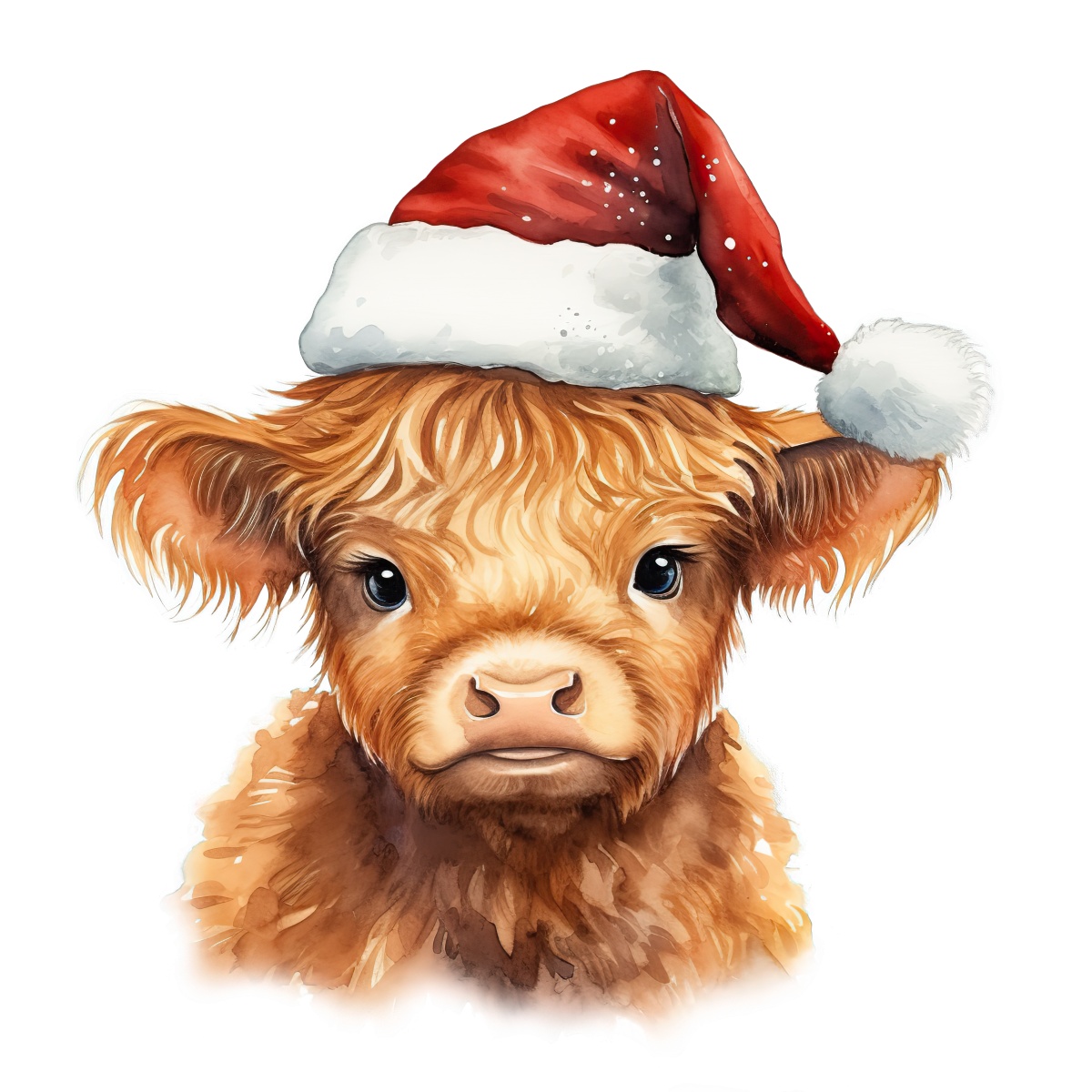 Illustration of a highland cow in a red Santa hat for Christmas.