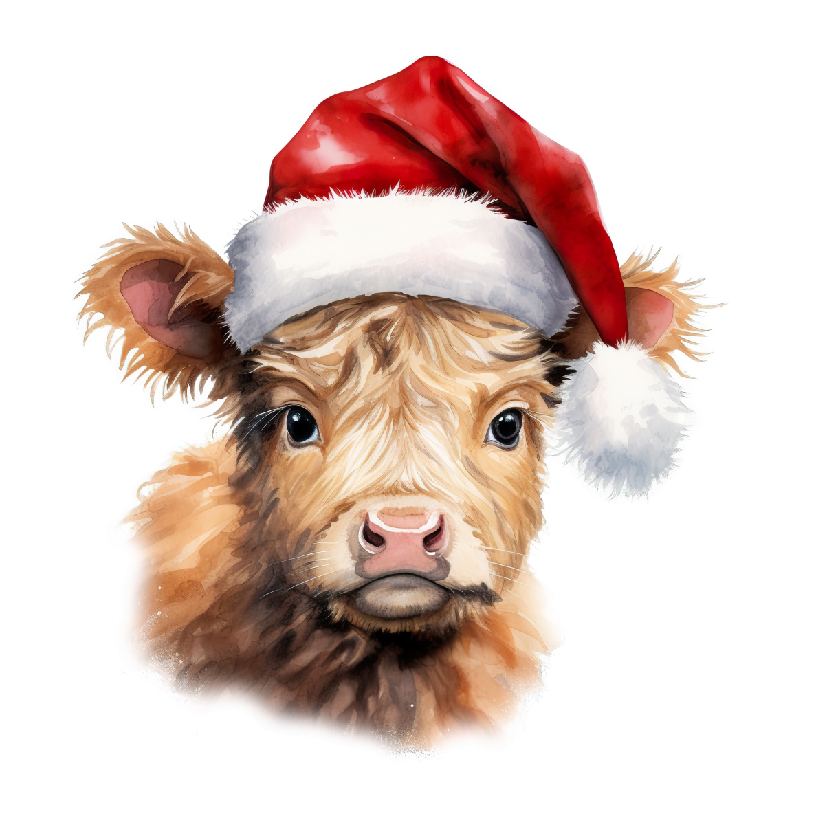 Highland cow with a red Santa hat, festive Christmas illustration.