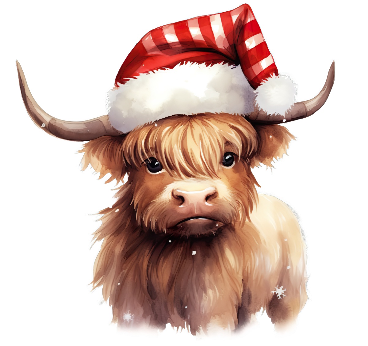 Highland cow with large horns wearing a red striped Santa hat.