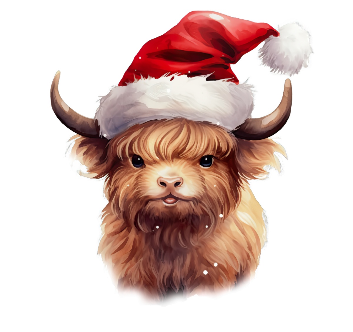 Highland cow wearing a red Santa hat, showcasing a Christmas theme.
