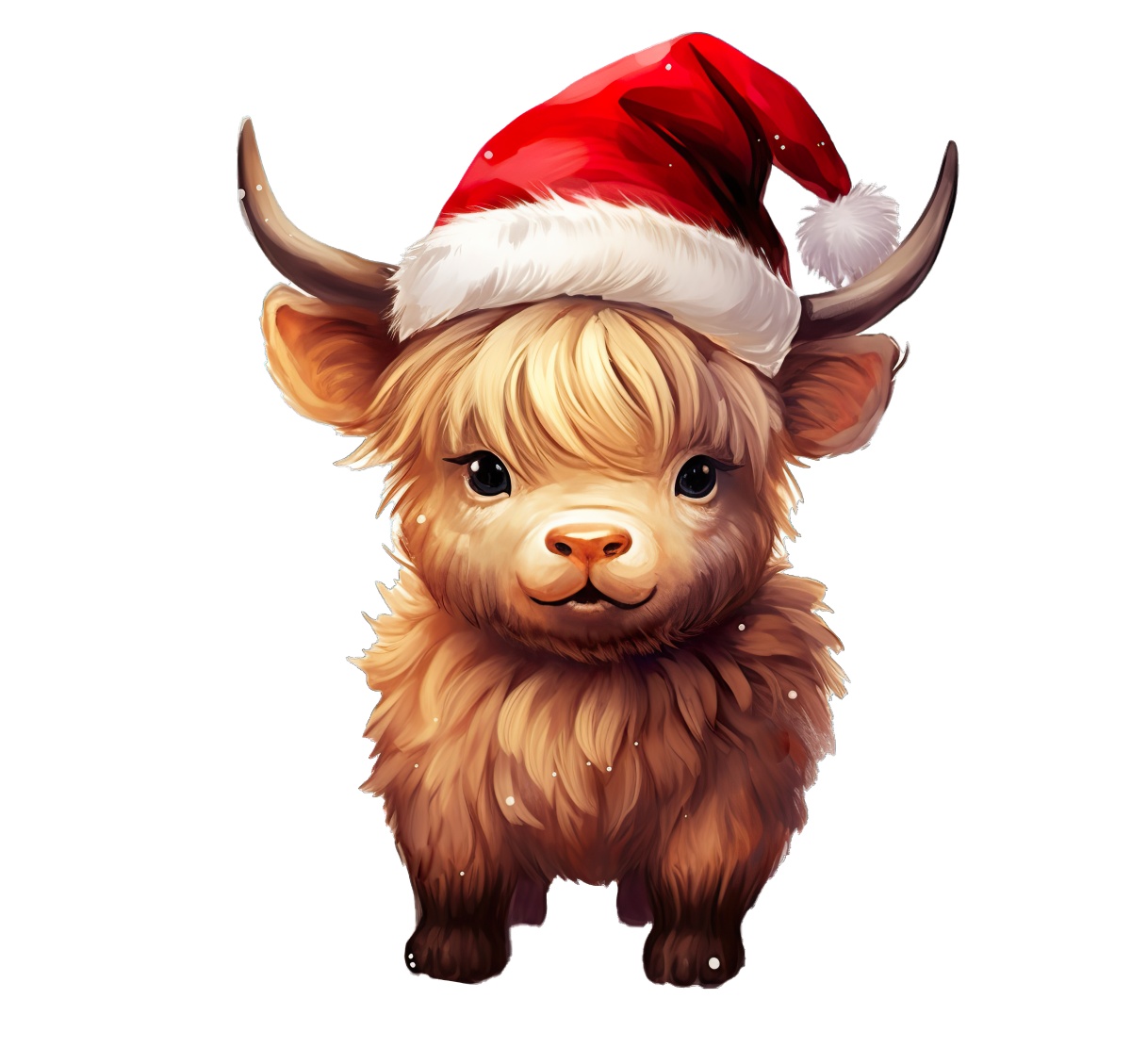 Highland cow in a Santa hat, representing Christmas celebration.