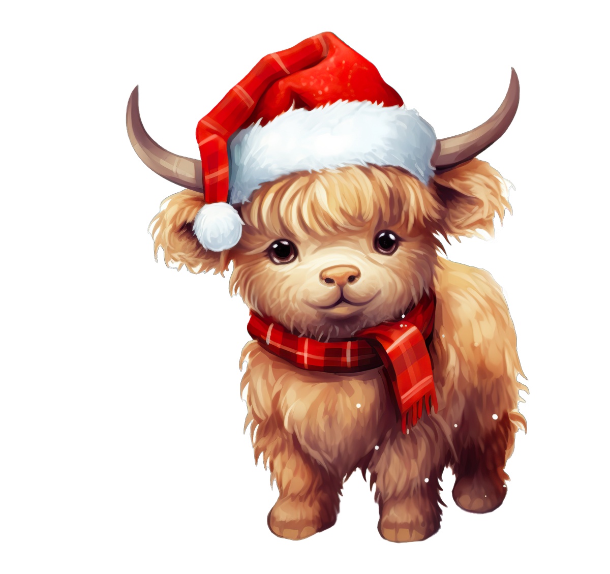 Highland cow wearing Santa hat and scarf, festive illustration.