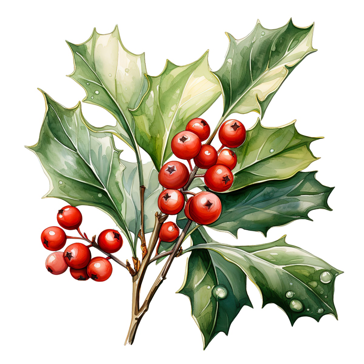 Illustration of a holly branch with red berries and glossy green leaves.