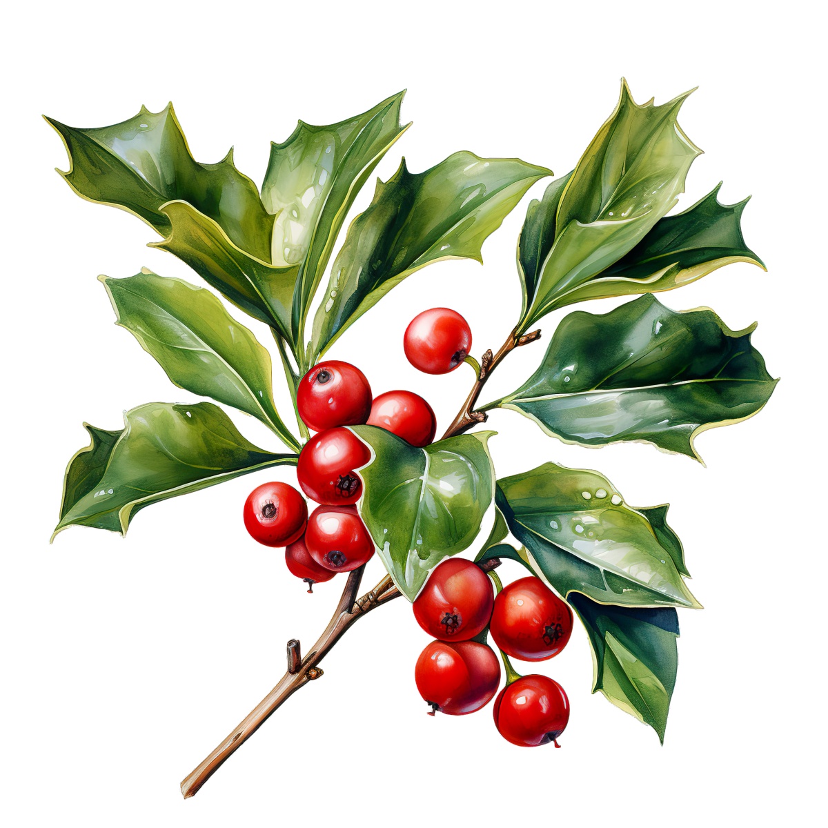 Holly branch with glossy green leaves and red berries on a black background.