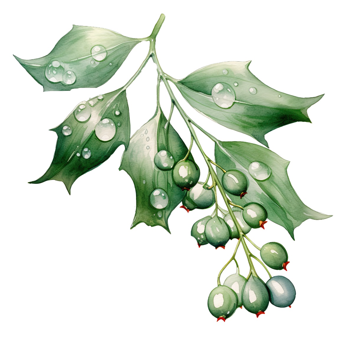 Illustration of a holly branch with green berries and water droplets on leaves.