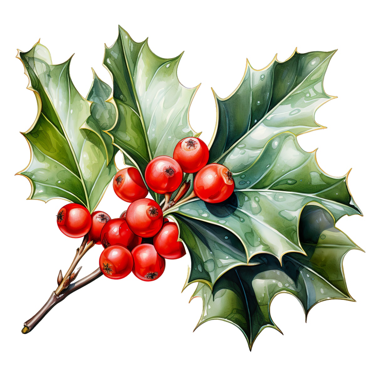 Holly branch featuring red berries and green leaves, suitable for holiday themes.