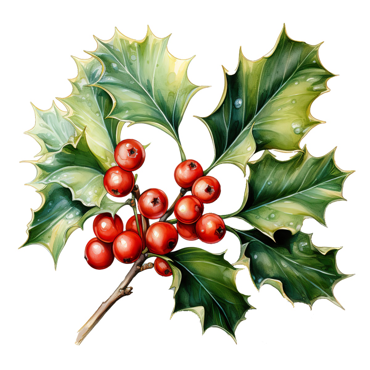 Holly branch with red berries and green leaves featured in an illustration.