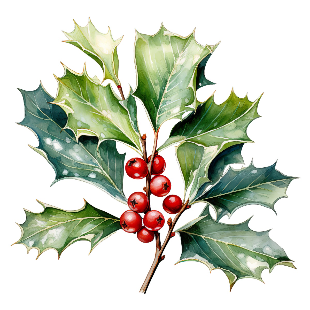 Holly branch with red berries and green leaves on transparent background.