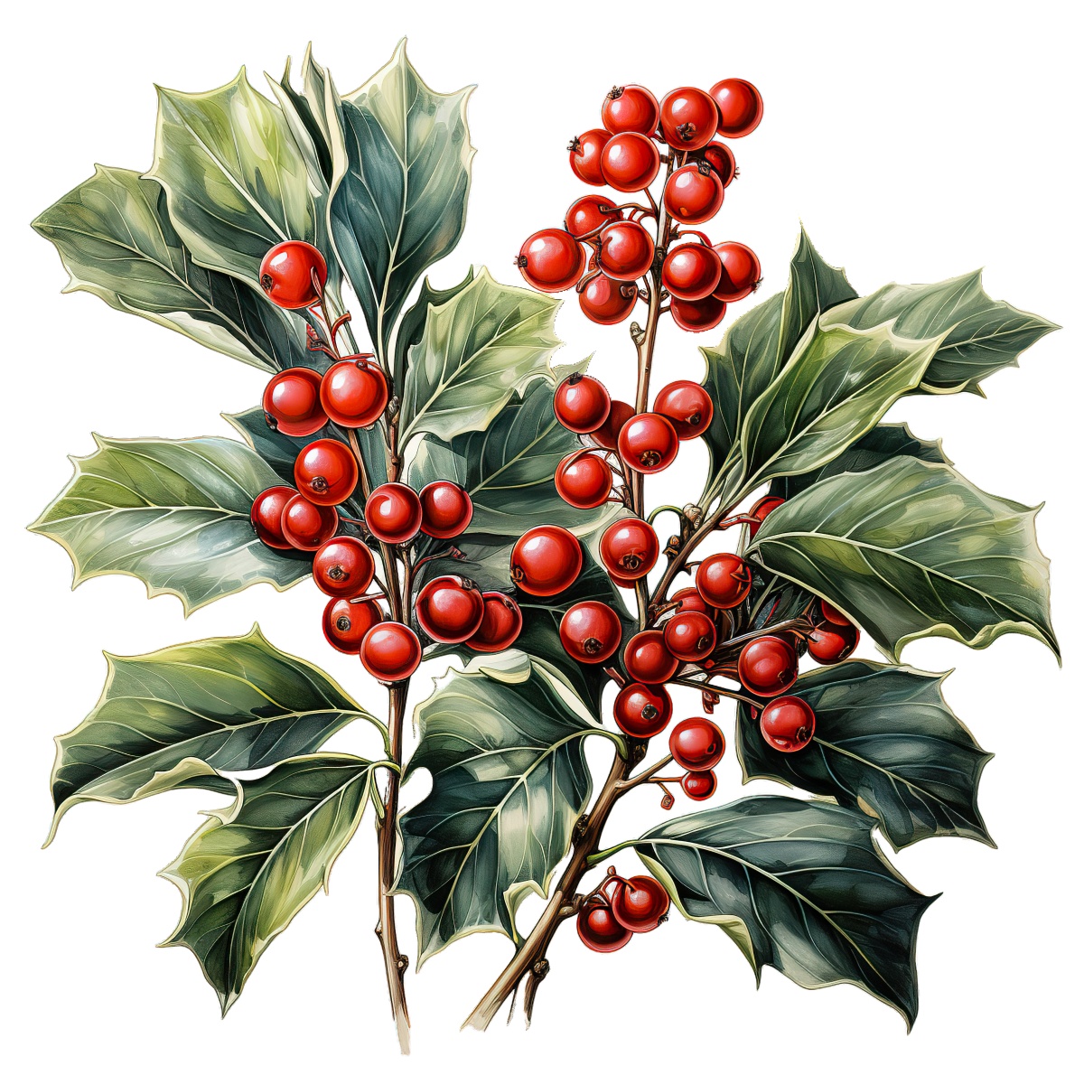 Holly branches featuring red berries and green leaves on a black background.