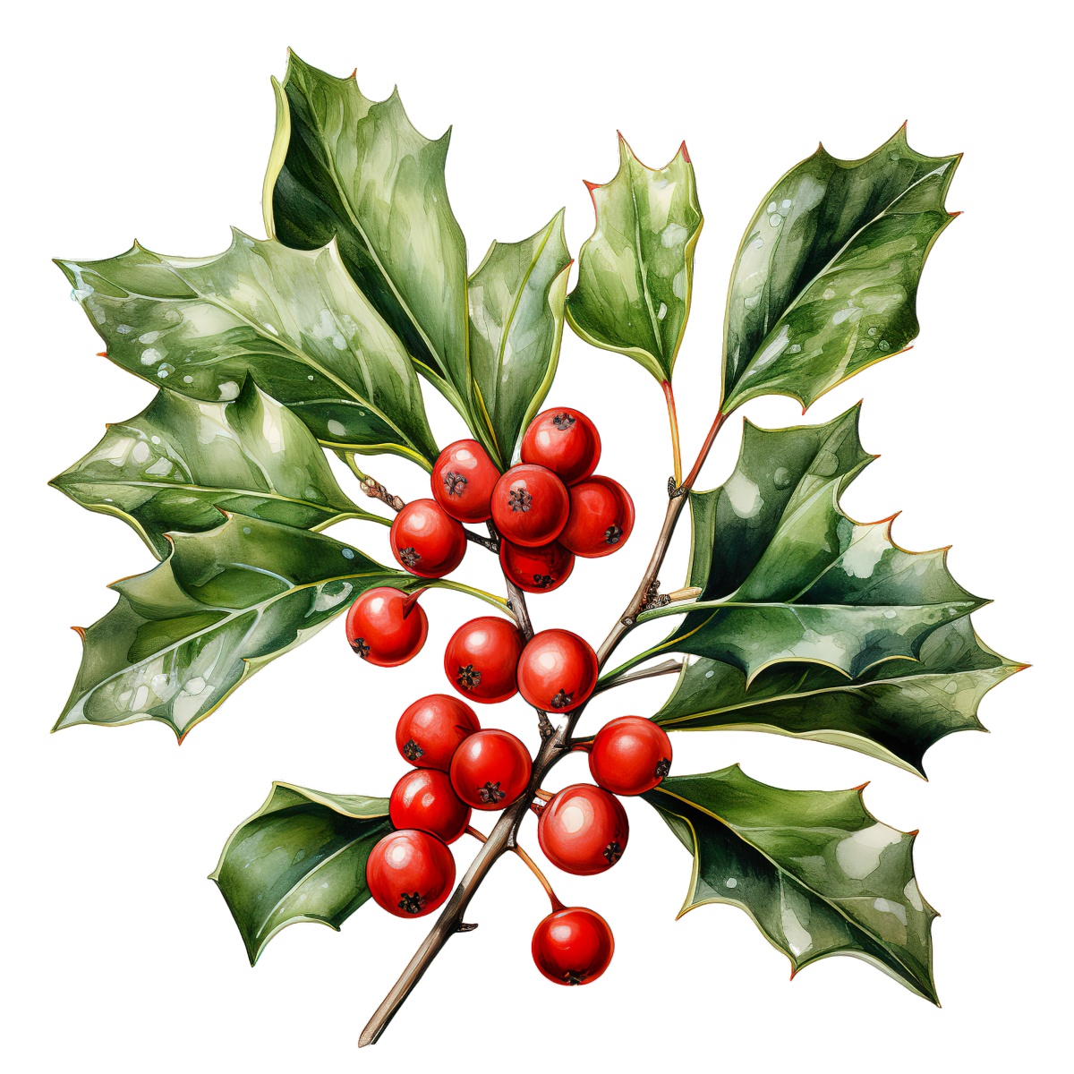 Holly leaves with red berries, traditionally used in holiday decorations.