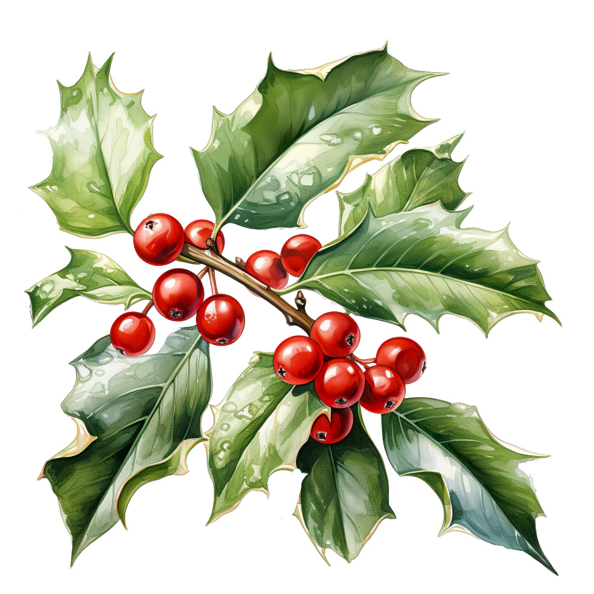 Holly branch featuring green leaves and red berries in a vector style.