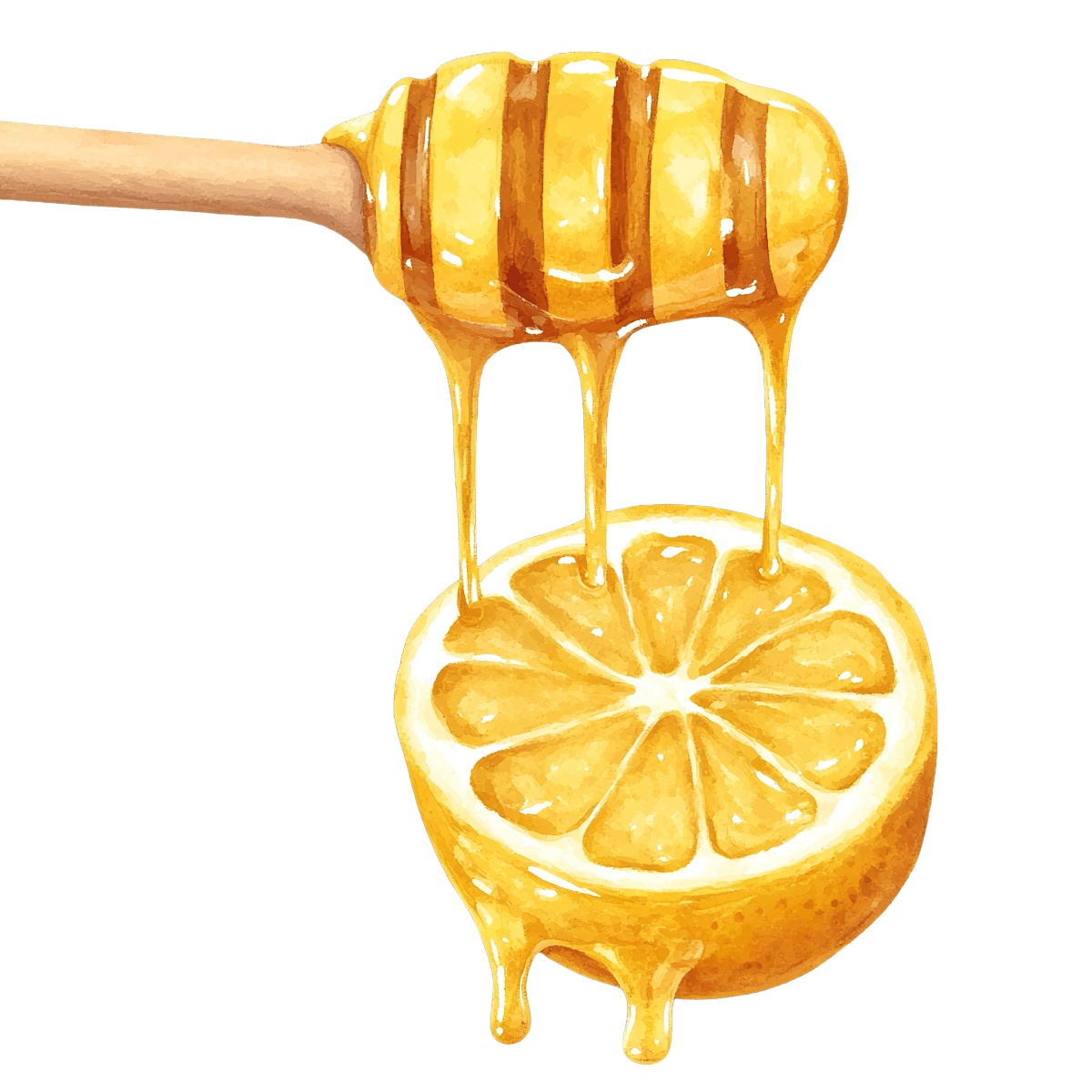Honey drips from a wooden dipper onto a lemon slice.
