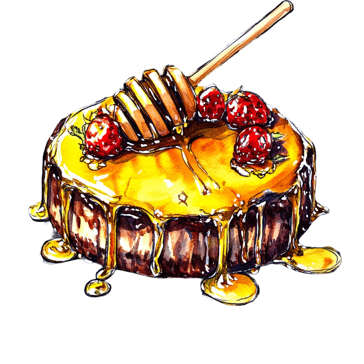 Honey drizzled cake with strawberries and a honey dipper on top.