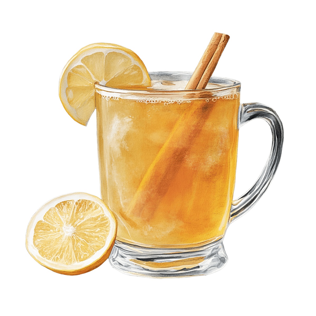Glass mug filled with hot beverage, lemon slice, and cinnamon stick.