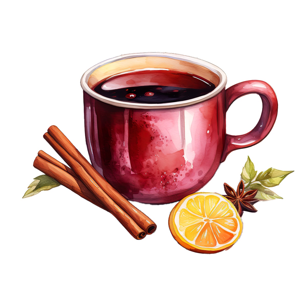 Red mug of mulled wine with cinnamon and orange slice on side.