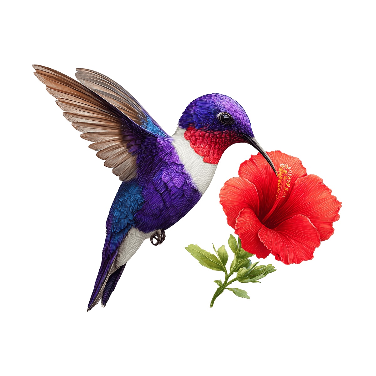 Hummingbird hovering near red flower