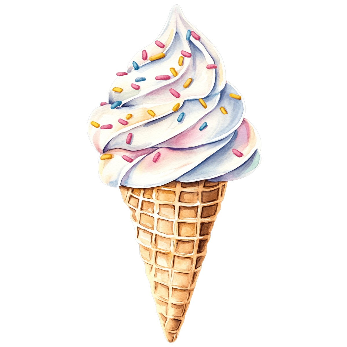 Ice cream cone with colorful sprinkles in a waffle cone.