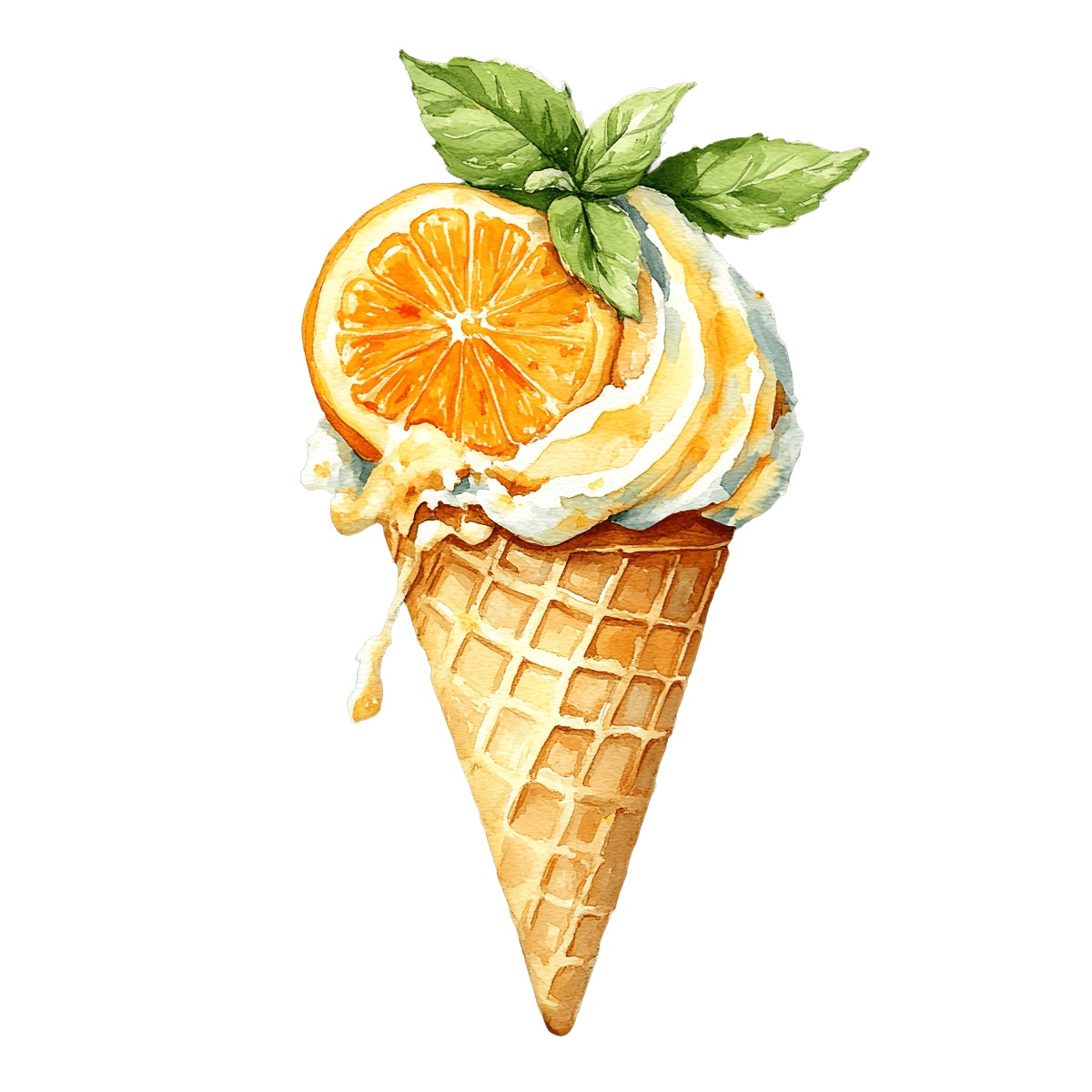 Ice cream cone with orange slice and mint leaves on top.