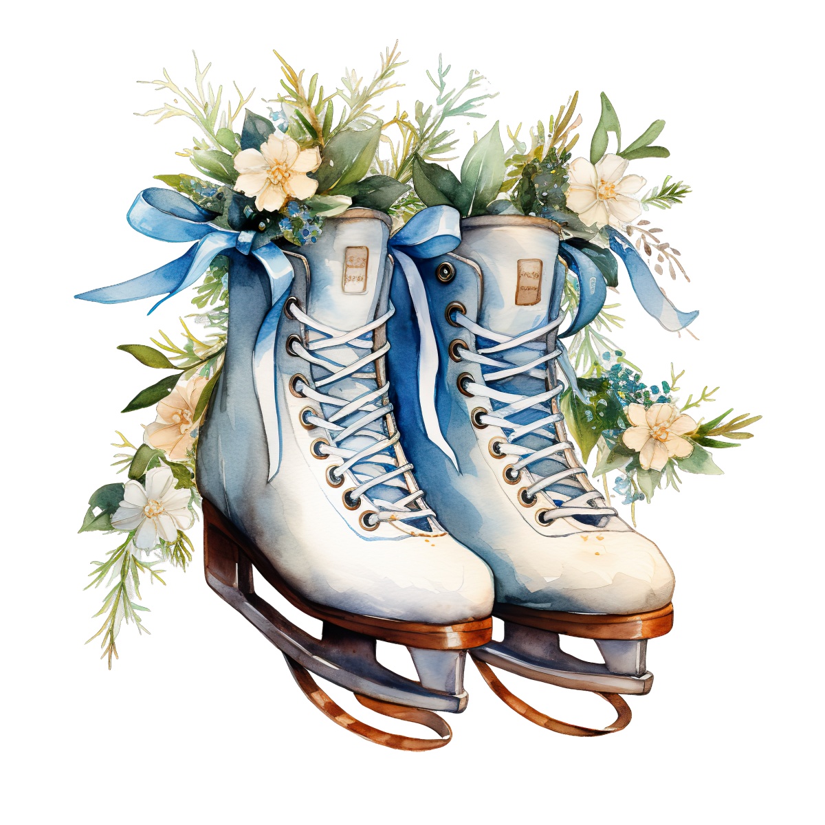 Ice skates with blue ribbons and floral decorations in watercolor style.