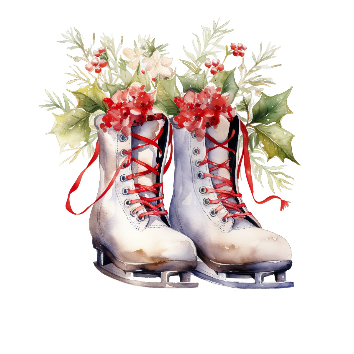 White ice skates with red laces and festive holly decorations.
