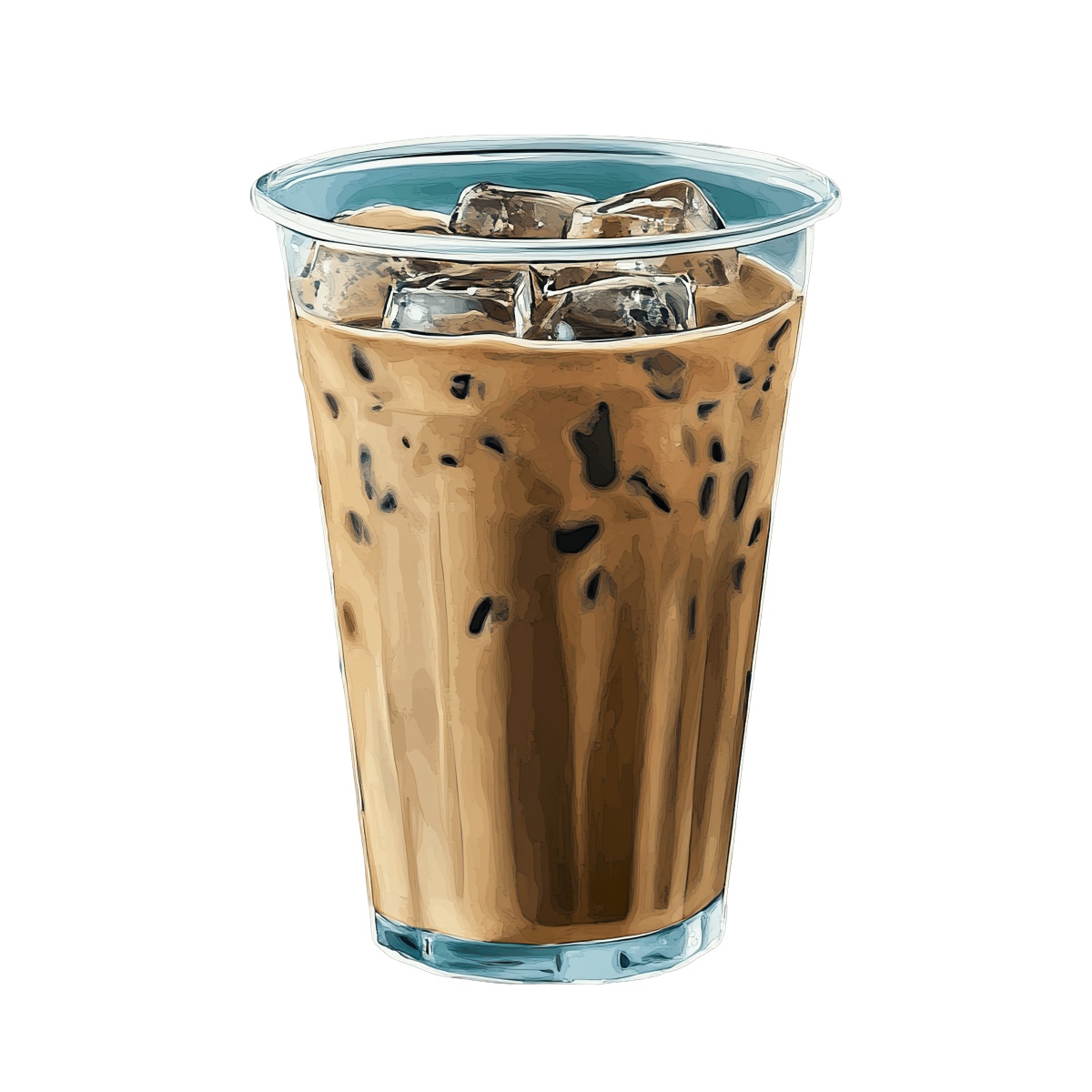 Iced coffee in a clear plastic cup with visible ice cubes.